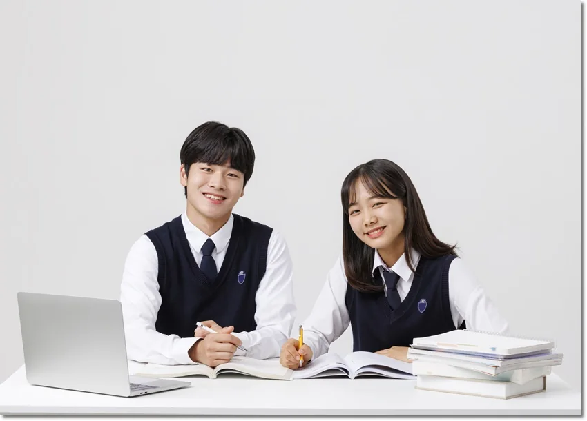 책과 노트북으로 학습하는 두 학생
